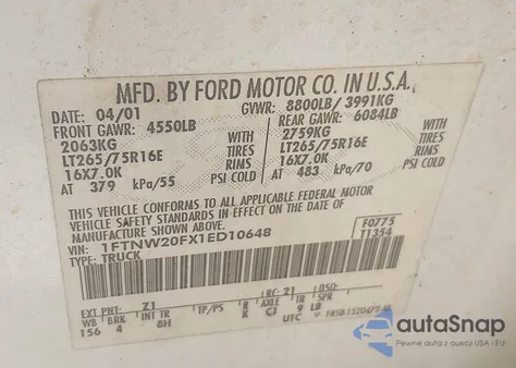 2001 Ford F-250 Lariat/Xl/Xlt from USA, damaged, VIN 1FTNW20FX1ED10648